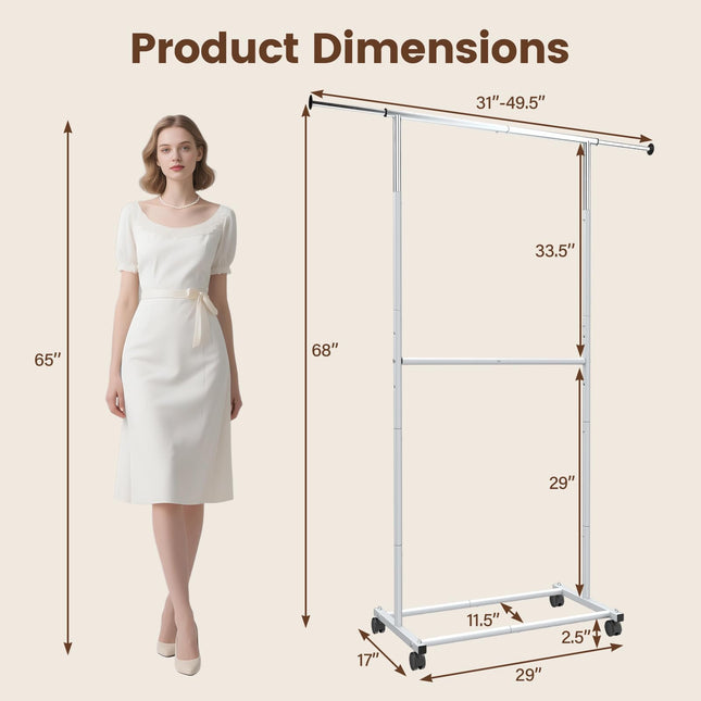 Dreamade Extendable Double-Rod Rolling Clothing Rack for Hanging Clothes
