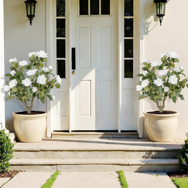 Dreamade 31.5” 2 Pack Artificial Rose Flower Trees with Spikes & 18 White Flowers