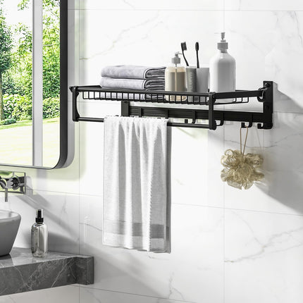 Dreamade Foldable Towel Rack for Bathroom, Wall Mounted Towel Holder Organizer w/ 1 Basket, 1 Towel Bar & 5 Sliding Hooks