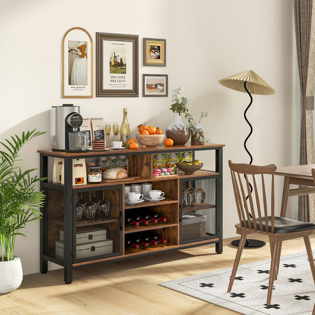 Dreamade Coffee Bar Cabinet for Liquor and Glasses, 55” Buffet Sideboard with 8-Bottle Wine Racks, 6 Rows of Wine Glass Holders