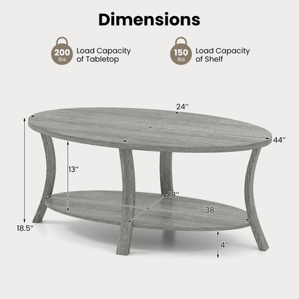 Dreamade 44 Inch Oval Coffee Table 2-Tier Center Table with Storage Shelf & Rubber Wood Frame