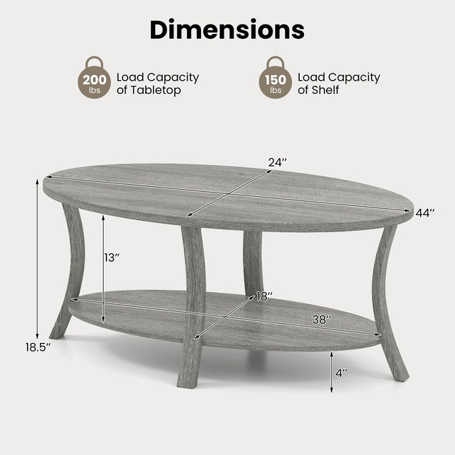 Dreamade 44 Inch Oval Coffee Table 2-Tier Center Table with Storage Shelf & Rubber Wood Frame