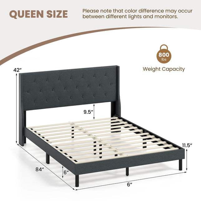 Dreamade Queen Size Upholstered Bed Frame Linen Fabric Platform Bed with Button Tufted Wingback Headboard