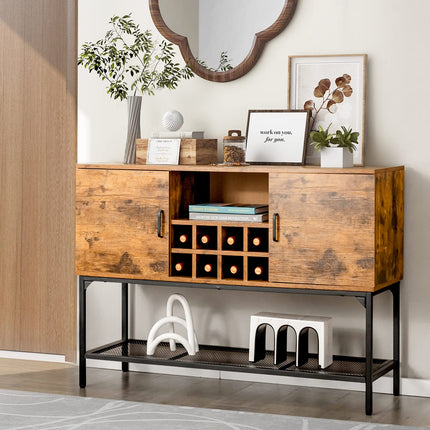 Dreamade Industrial Buffet Sideboard, Freestanding Kitchen Cupboard with Wine Rack (Rustic Brown & Black)