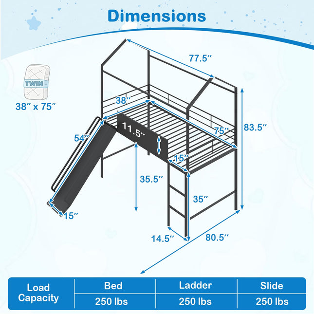 Dreamade Twin Size House Loft Bed | Low Loft Bedframe w/Roof