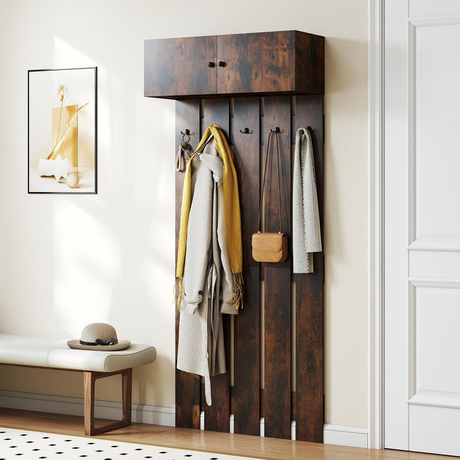 Dreamade Wall Mounted Coat Rack 2-in 1 Hall Tree w/ 5 Double Hooks & 2-Door Cabinet