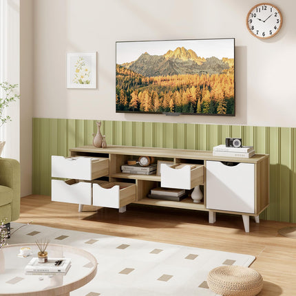 Dreamade TV Stand for 55 Inches TVs, Mid Century Modern Entertainment Center with 4 Drawers, 1 Cabinet, Adjustable Shelf, 2 Compartments