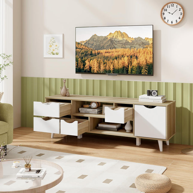 Dreamade TV Stand for 55 Inches TVs, Mid Century Modern Entertainment Center with 4 Drawers, 1 Cabinet, Adjustable Shelf, 2 Compartments