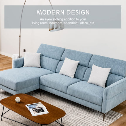 Dreamade L-Shaped Sofa Couch, 3-Seat Upholstered Sofa with Wide Chaise Lounge, Adjustable Headrest, Blue