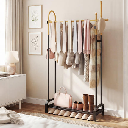 Dreamade Double Rod Freestanding Clothes Rack with 5 Coat Hooks