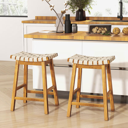 Dreamade 25.5/31" Woven Bar Stools Set of 2/4, Faux PU Leather Counter Height Saddle Stools with Woven Curved Seat