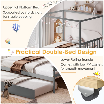 Dreamade Canopy Bed w/ Trundle, Full Size Kids Solid Wood Platform Bed Frame