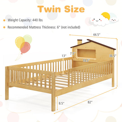 Dreamade Twin Bed Frames for Kids, Solid Wood Montessori Bed with House-Shaped Headboard & Built-in Storage Shelf