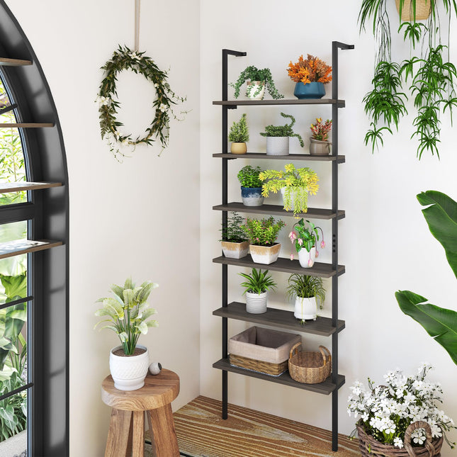 Dreamade 6-Tier Ladder Shelf, 72" Wall Mounted Bookshelf with Metal Frame, Industrial Open Storage Shelves