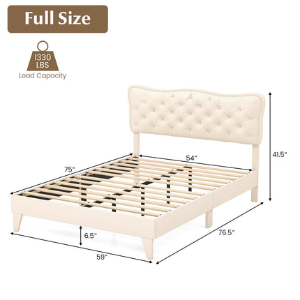 Dreamade Full Size Bed Frame Beige, Linen Fabric Upholstered Platform Bed Frame with Nail Headboard