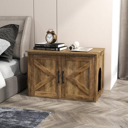 Dreamade Cat Litter Box Enclosure - Flip Top Litter Box Hidden Furniture with Barn Door, Side Entrance