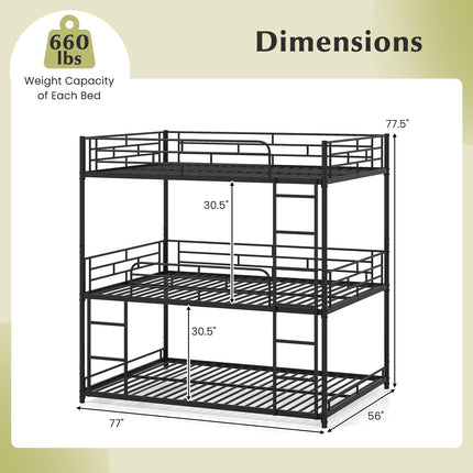 Dreamade Metal Full Over Full Over Full Bunkbeds with Safety Guardrails & 2 Ladders