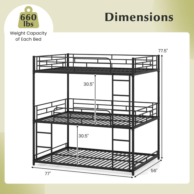 Dreamade Metal Full Over Full Over Full Bunkbeds with Safety Guardrails & 2 Ladders