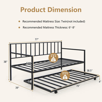 Dreamade Metal Daybed with Trundle, Twin Size Daybed with Pullout Trundle & Steel Slat Support, Black