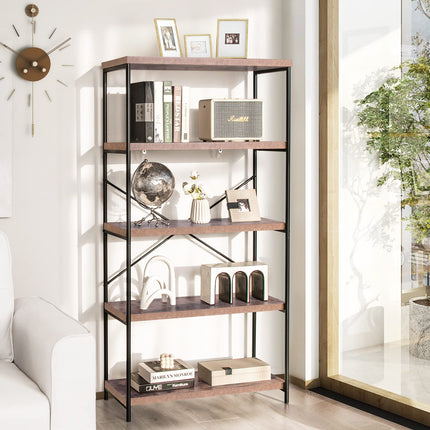 Dreamade Industrial 5-Tier Wood Bookshelf - 63’’ Tall Open Storage Organizer Shelves with Anti-Tipping Device and Foot Pads
