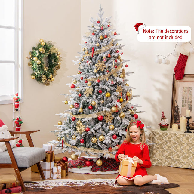 Dreamade 7ft Pre-Lit Snow Flocked Christmas Tree, Artificial Hinged Full Xmas Tree with 350 Multicolored LED Lights