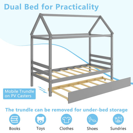 Dreamade House Bed with Trundle, Solid Wood Twin Size Daybed for Girls & Boys