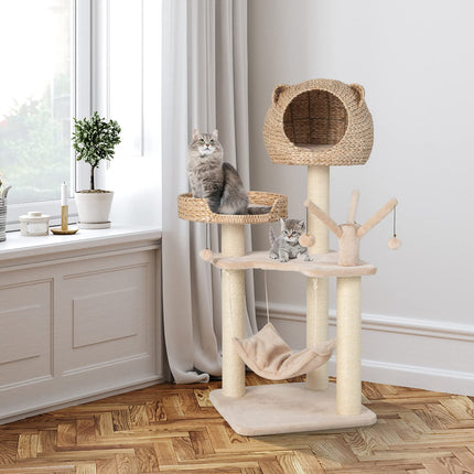 Dreamade Wooden Cat Tree, 48 inches Cat Tower with Cattail Condo, Cat Bed, Hammock, Rotatable Jingling Balls