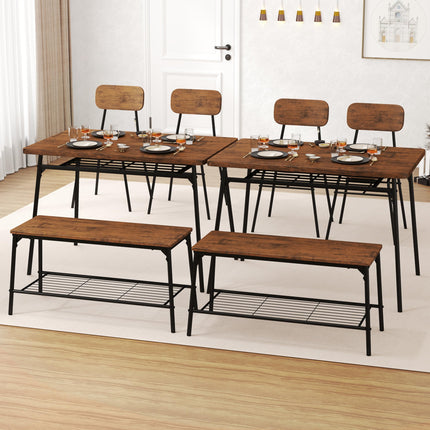 Dreamade Dining Table Set for 4, Kitchen Table with Bench & 2 Chairs, Storage & Metal Frame