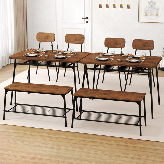 Dreamade Dining Table Set for 4, Kitchen Table with Bench & 2 Chairs, Storage & Metal Frame