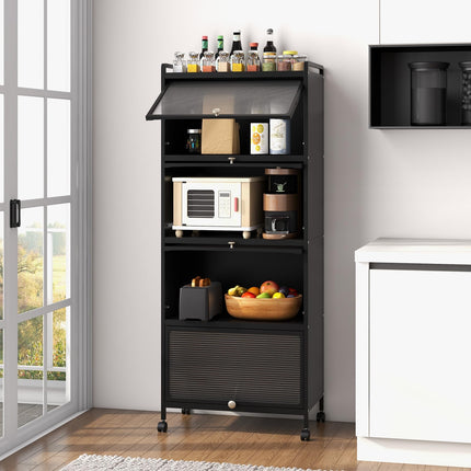 Dreamade 5-Tier Kitchen Storage Cabinet, Mobile Microwave Stand with Flip-up PC Doors