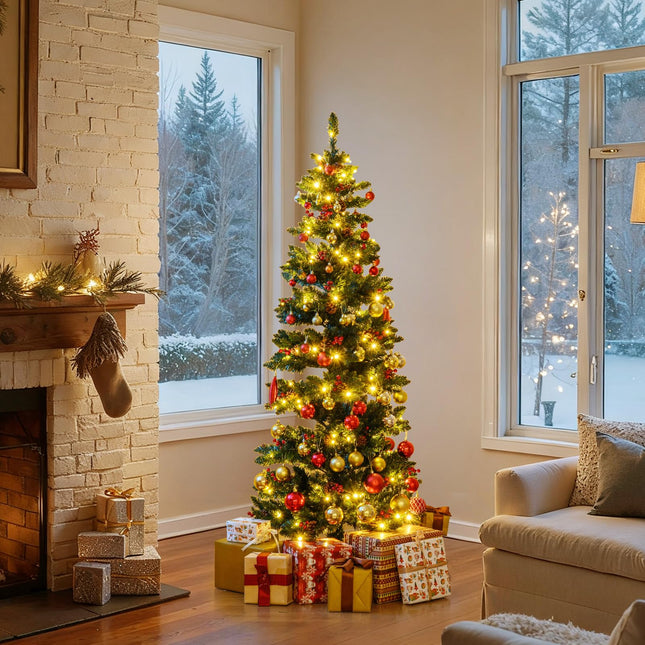 Dreamade 6FT / 7FT Pre-Lit Spiral Christmas Tree with Branch Tips Pine Cones Red Berries
