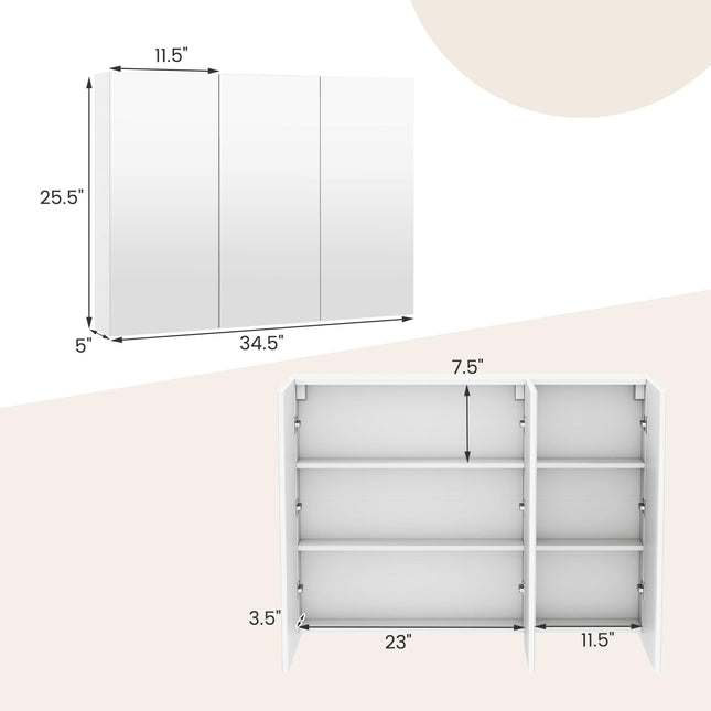 Dreamade Wall Mounted Medicine Cabinet with 3 Frameless Mirrored Doors & Mounting Hardware