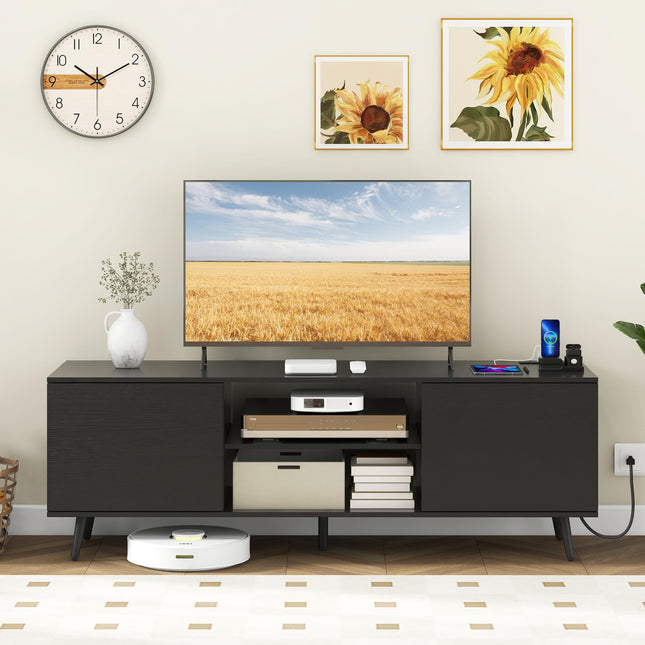 Dreamade TV Stand with Power Outlet for TVs up to 60'', Entertainment Center with Cable Hole, Cabinets
