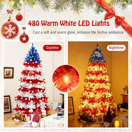 Dreamade 7.5 FT Pre-Lit Patriotic Artificial Christmas Tree, Flag-Themed Hinged Xmas Tree with 480 Warm White LED Lights