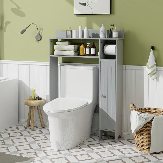 Dreamade Over-The-Toilet Storage Cabinet, Bathroom Freestanding Space Saver with 1-Door Side Storage Cabinet & Paper Holder