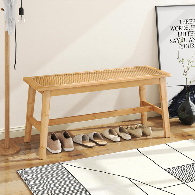 Dreamade 39.5" Bamboo Dining Bench with Handwoven Rattan Seat
