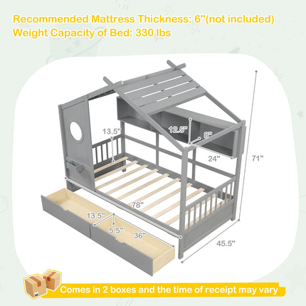 Dreamade Twin House Bed with 2 Storage Drawers, Kids Bed Frame with Storage Cubes, Montessori Bed with Fence Guardrails & Roof