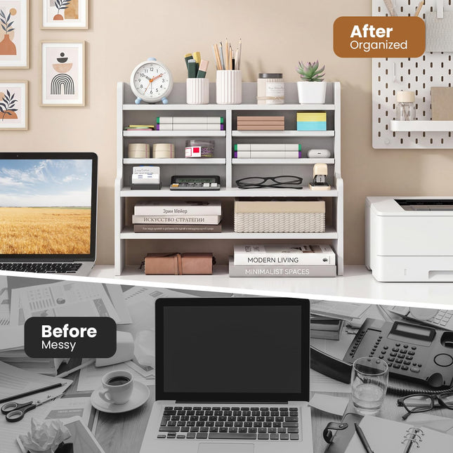 Dreamade Desk Organizer | Wooden 6 Tier Storage Rack with 2 Removable Shelves