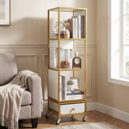 Dreamade 4-Tier Rotating Bookshelf | 360° Spinning Corner Book Shelf Tower W/Removable Fabric Storage Drawer