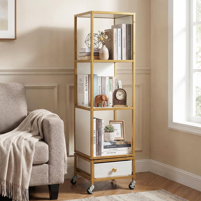 Dreamade 4-Tier Rotating Bookshelf | 360° Spinning Corner Book Shelf Tower W/Removable Fabric Storage Drawer