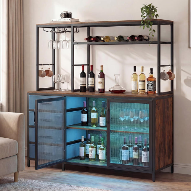 Dreamade Tall Wine Bar Cabinet with LED Lights for Kitchen