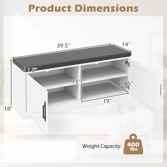 Dreamade Shoe Storage Bench with Cushion, 2-Tier Entryway Bench w/2 Barn Doors & 2 Adjustable Shelves