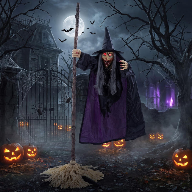DREAMADE 6.6 FT Halloween Animatronics Flying Witch on Broom Decorations