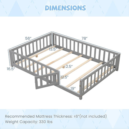 Dreamade Full Size Floor Bed for Kids, Montessori Floor Bed with Wood Slats & Safety Guardrails