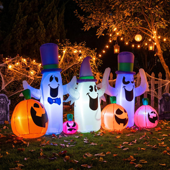 DREAMADE 8 FT Halloween Inflatable, 3 Ghosts & 4 Pumpkins Yard Decoration