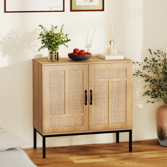 Dreamade Sideboard Cabinet Boho Rattan Buffet Cabinet with Storage Adjustable Shelves 2 Doors