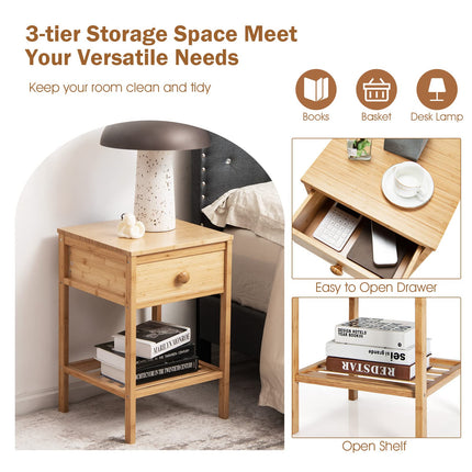 Dreamade Nightstand Bamboo Bedside Table with Drawer, Open Shelf, Multifunctional Side Table