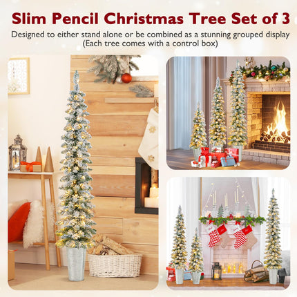 Dreamade 3' 4' 5' Pre-Lit Snow Flocked Christmas Tree Set of 3, Slim Pencil Artificial Potted Xmas Trees with 423 Branch Tips