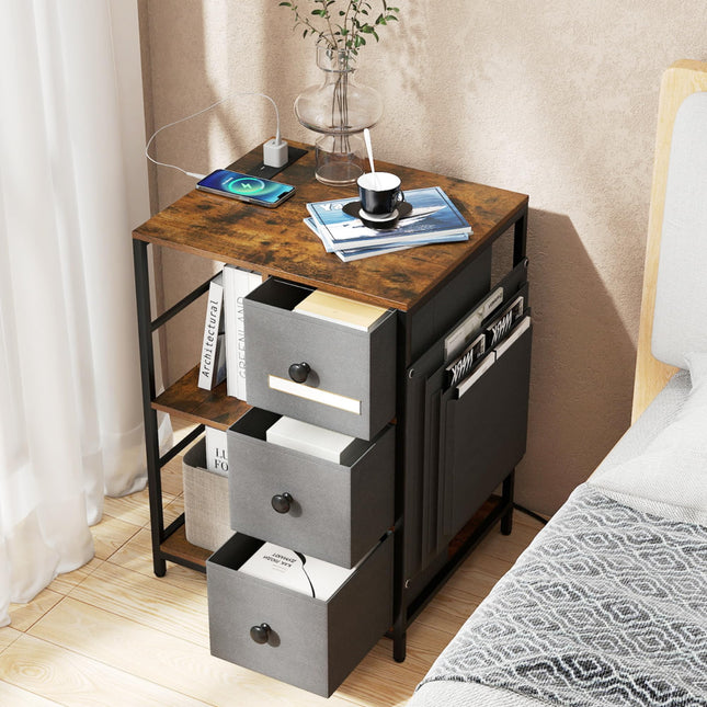 Dreamade Industrial Nightstand with Charging Station - End Side Table w/3 Fabric Drawers