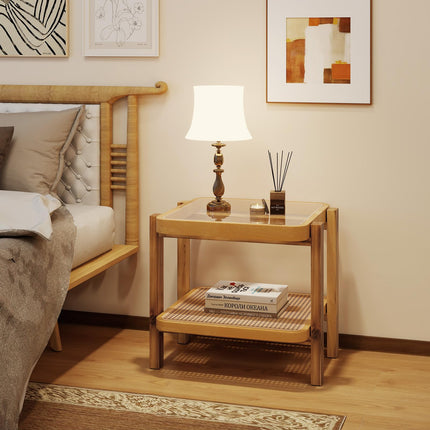 Dreamade Rattan Side Table, Boho End Table for Living Room, Narrow Bedside Table with Tempered Glass Top